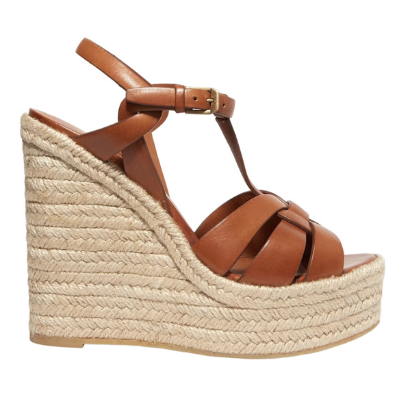 Saint Laurent Tribute Espadrille 85 Brown Ankle Strap Platform Wedge Sandal 40.5 - Picture 1 of 12